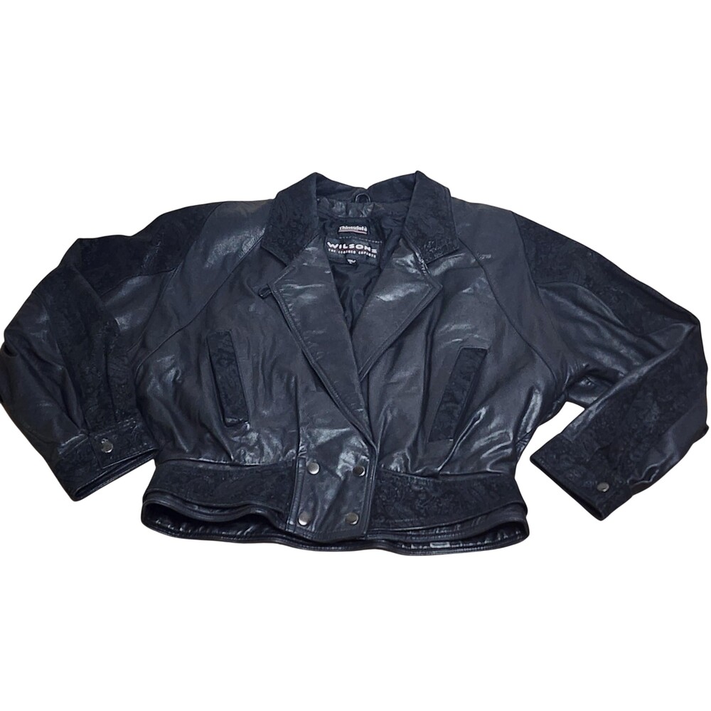 Wilsons Leather Jacket Womens Large Black Paisley Biker Cropped Thinsulate